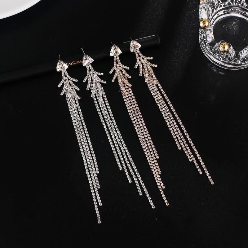 

Dangle & Chandelier Shiny Crystal Long Tassel Drop Earrings For Women Female Rhinestone Silver Gold Party Wedding Jewelry E669