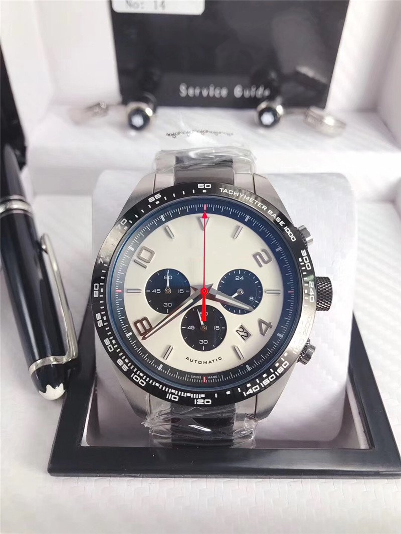 

Hot sale Man watch Stainless steel Male watch quartz stopwatch sports New chronograph watches 017, Two tone band black face