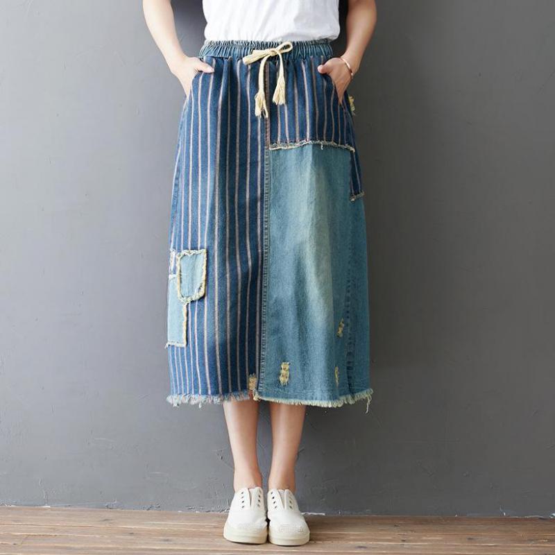 

Spring Retro Patchwork Stripe Denim Skirts Pockets Elastic Waist Drawstring Skirt 2020 New Loose All-match Ripped Women Skirts, Blue