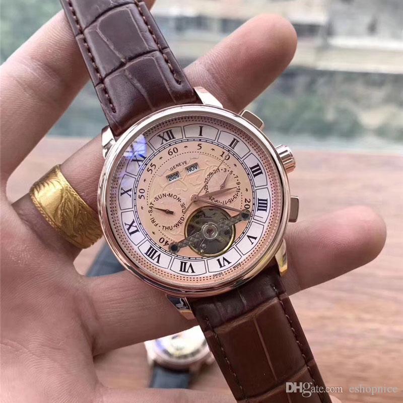 

Top men watches fashion mechanical automatic leather strap 42mm flywheel dial wrist watch for mens gift reloj de lujo