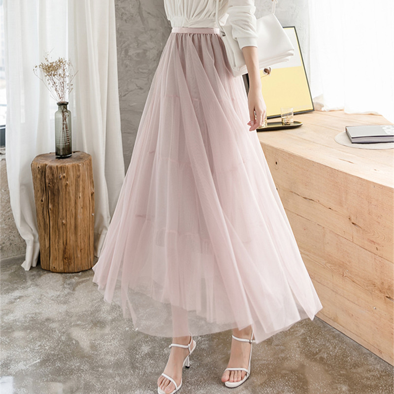 

Korean Fashion Lace Skirts Womens Elegant Women Skirt Woman High Waist Midi Skirts Woman Pleated Mesh Skirt Faldas Mujer Moda, Black