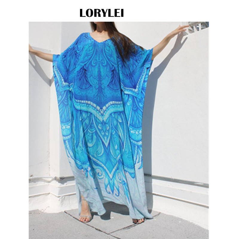 

2020 Bohemian Sea Blue Printed Short Sleeve V-Neck Long Kaftan Beach Dress Summer Women Cotton Tunic Swim Suit Cover Up N669, 685