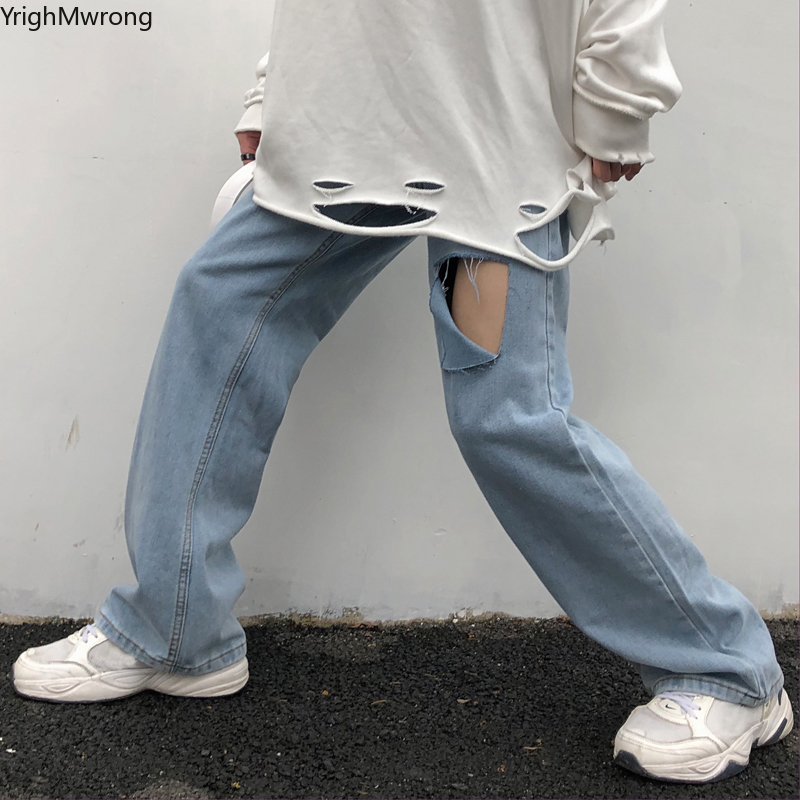 

Denim Harajuku Streetwear Women Oversized Baggy Straight Jogger Pant Hip Hop Boyfriend Ripped Hole Vintage High Waist Punk Sexy, Light blue