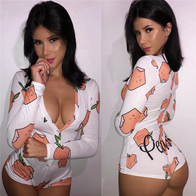 

Februaryfrost Sexy Women Deep V-neck Bodycon Sleepwear Jumpsuit Bodysuit Shorts Romper Bodysuit Leotard Long Sleeve Print Button Bodysuit Ne, Apple print