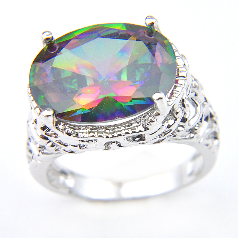 

Luckyshine 16*12 mm Punk Style Fashion brand Silver plated austrian crystal Mystic Topaz Zirconia Gems Lovers Wedding Rings