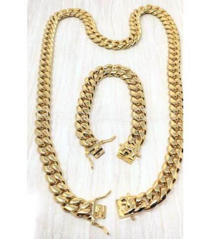 

14mm Mens Miami Cuban Link Bracelet & Chain SET 18k Gold Plated Stainless Steel