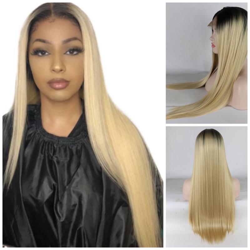 

Natural Hairline Swiss Lace Front Wig Long Straight 1B/613# Black to Blonde Ombre Synthetic Wigs For Black Women With Baby Hair, As pic