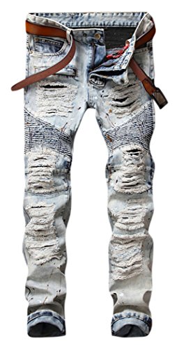 

OKilr Pjik Men's Vintage Light Blue Straight Fit Distressed Ripped Moto Biker Denim Jeans, Light blue 1823