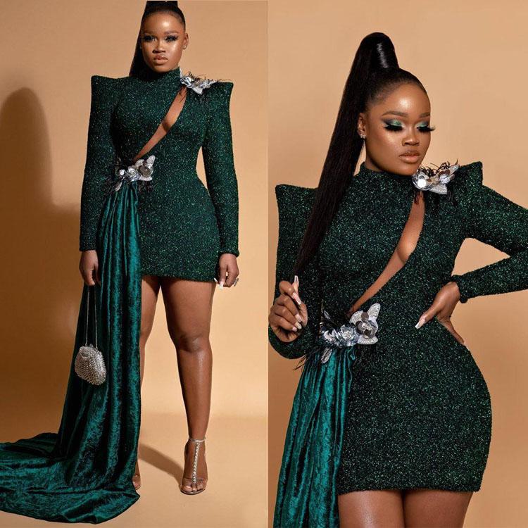 

Sparkly Dark Green Prom Dresses Long Sleeve High Neck Sequins Evening Dress Formal Short Mini Cocktail Gowns, Gold