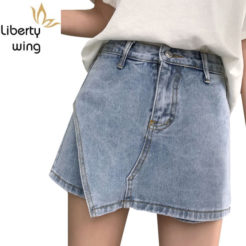 

New Loose Fit High Waist Denim Women Short Jeans Harajuku Korean Fashion Streetwear Irregular Skirt Shorts Female, Blue
