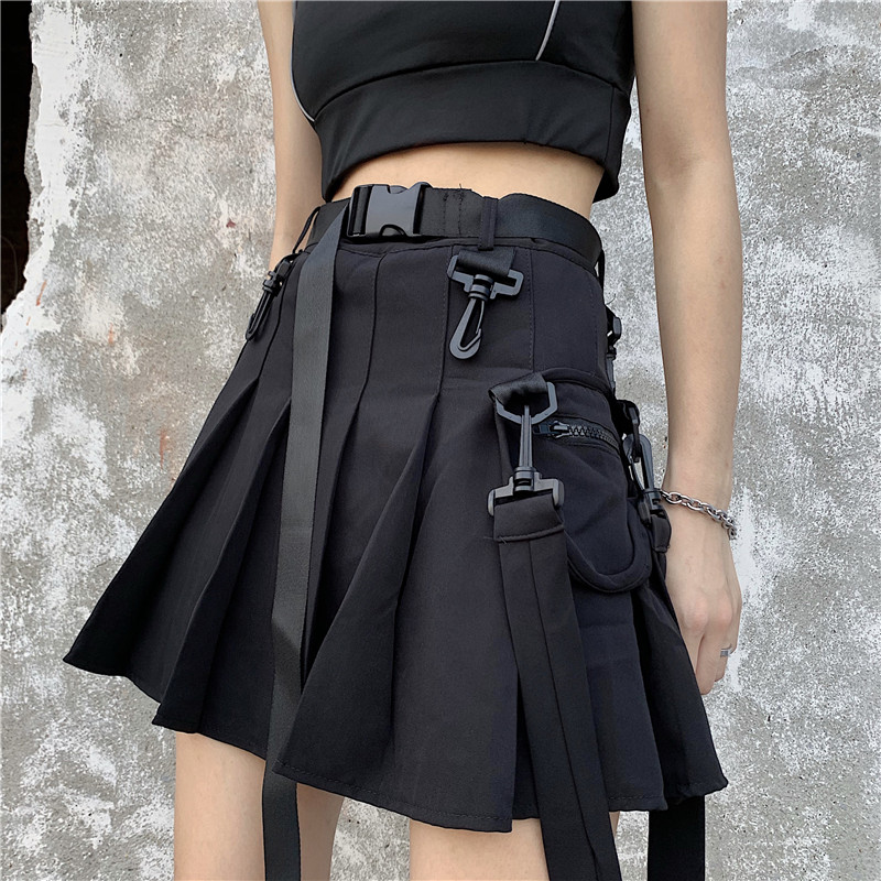 

Casual Harajuku Solid A-Line Women Skirt Vintage Pleated Pockets High Waist Skirts Korean Sashes Above Knee Kawaii Skirts, Hei