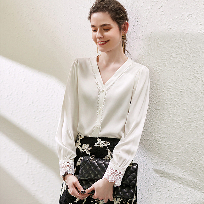 

100% Silk Blouse Women Patchwork 3 Colors Elegant Design Solid V Neck Embroidery Long Sleeves Office Top New Fashion, As picture