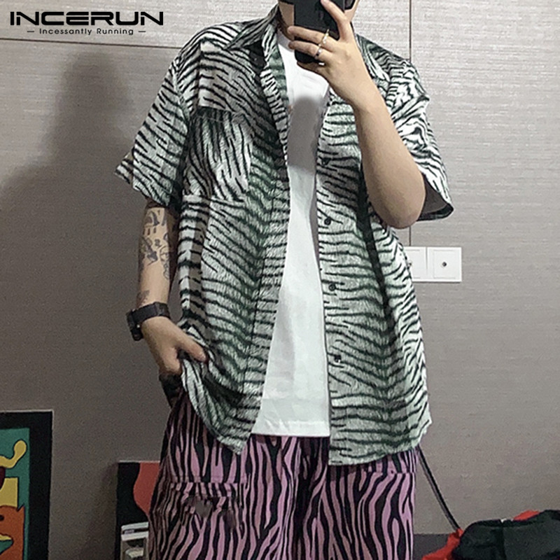 

2020 Men Leopard Print Shirt Short Sleeve Turn Down Collar Streetwear Blouse Button Fashion Casual Mens Hawaiian Shirts INCERUN, Brown