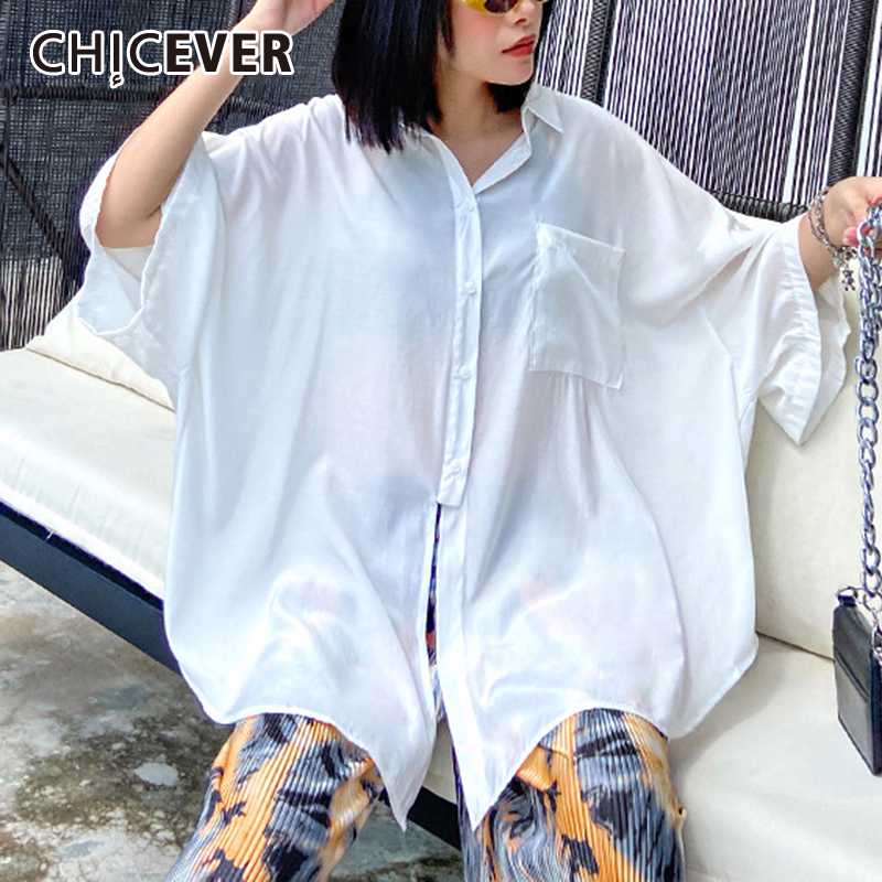 

CHICEVER Women's Blouse Lapel Collar Batwing Short Sleeve Loose Free Size Irregular Hem Summer Shirts Female 2020 Fashion New, Black