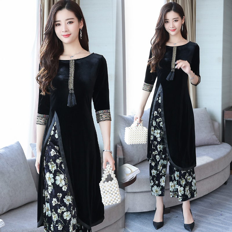 

Hot Selling Spring&Autumn Fashion casual Women two-piece sets india Pakistan style costume (Top+Pants) Two Piece Outfit, Black