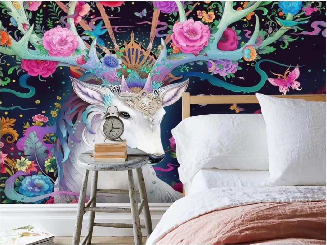 

3d room wallpaper custom photo mural Modern beautiful hand-painted dreamy elk flower peony mural background wall wallpaper for walls 3 d, Non-woven fabric