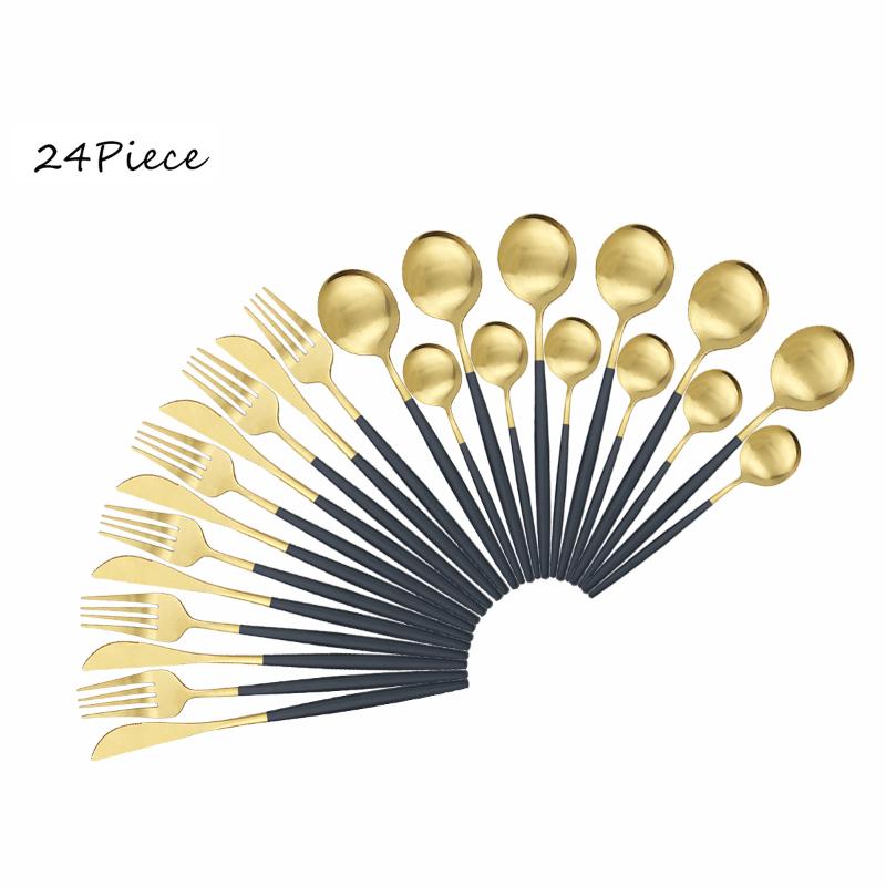 

24Pcs/Set Black Gold Matte Dinnerware Set Knife Fork Spoon Silverware Cutlery Set 18/10 Stainless Steel Flatware Tableware