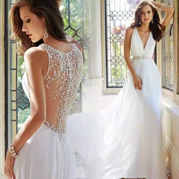 

Newest Design Beaded A-line Deep V-neck Chiffon Toast Master Evening Dress Custom Size 2 4 6 8 10 12 14 16 18+ E36, Ivory