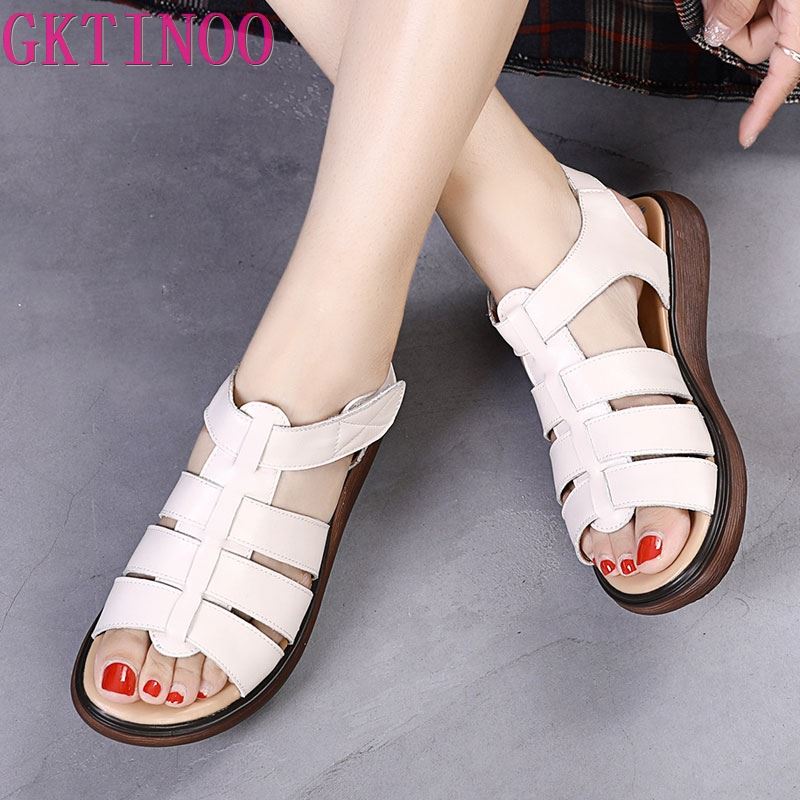 

GKTINOO 2020 New Summer Thick Bottom Gladiator Sandals Woman Open Toe Flat With Summer Shoes Woman Genuine Leather Sandals, 5176 black