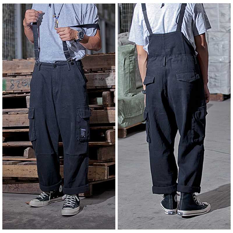 

Suspenders Trousers Mens Streetwear Overalls Multi-pocket Work Cargo Pants Casual Wide-legged Baggy Pant Men, Black