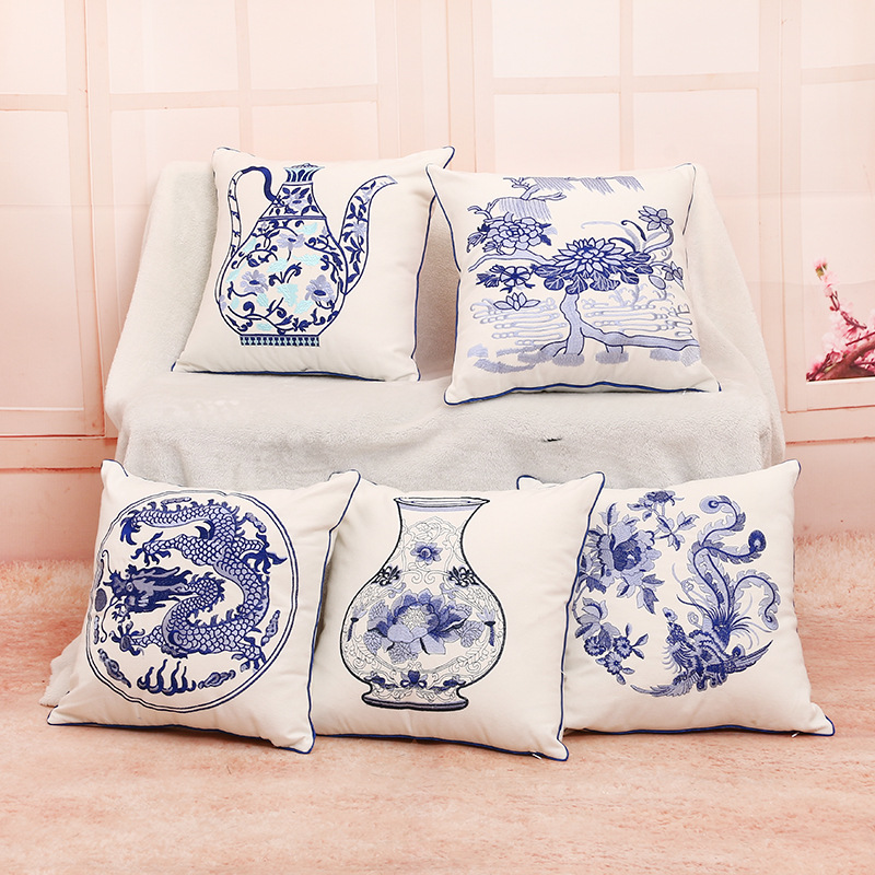 

Vintage Chinese Style Cushion Cover Cotton Linen Blue and White Porcelain Pillow Case for Sofa Car Home Decorative Pillows Cases