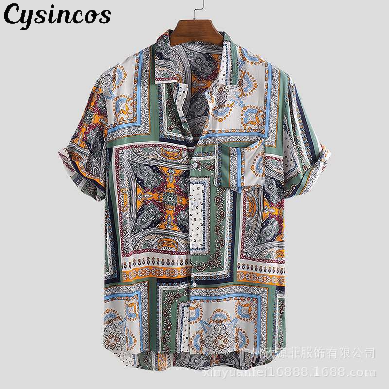 

CYSINCOS Casual Man Shirts 2020 Summer Beach Shirt Blouse Geometric Print Hawaiian Shirt Loose Casual Buttons Camisa Masculina
