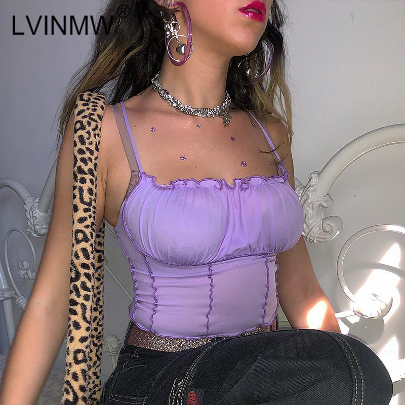 

LVINMW Sexy Spaghetti Straps Ruffles Crop Top 2018 Winter Women Purple Backless Sleeveless Camisole Top Female Skinny Bralette, Lavender