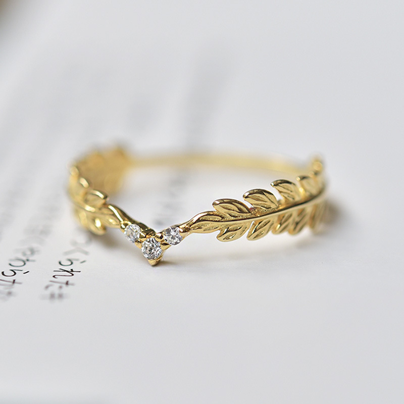 

Small Fresh Plating 14k Leaf You Set Diamond Ring Finger Woman Ear Of Rice Feather Ring