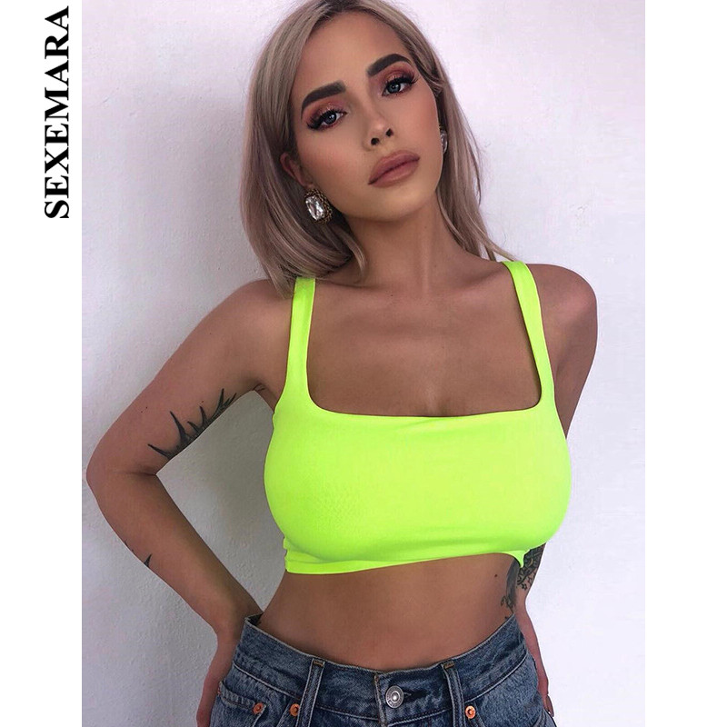 

SEXEMARA Neon Green Sexy Crop Tops Women Streetwear Trendy Tank Top Spring Summer 2019 Clubwear Casual T Shirt C67-G51