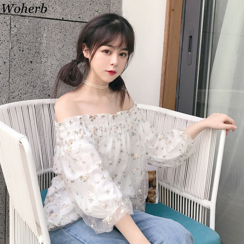 

Woherb Sweet Lace Blouse Women Sexy Off Shoulder Mesh Top 2020 Ruffles Elegant Blusas Mujer Korean Summer Shirts Vintage, Pink