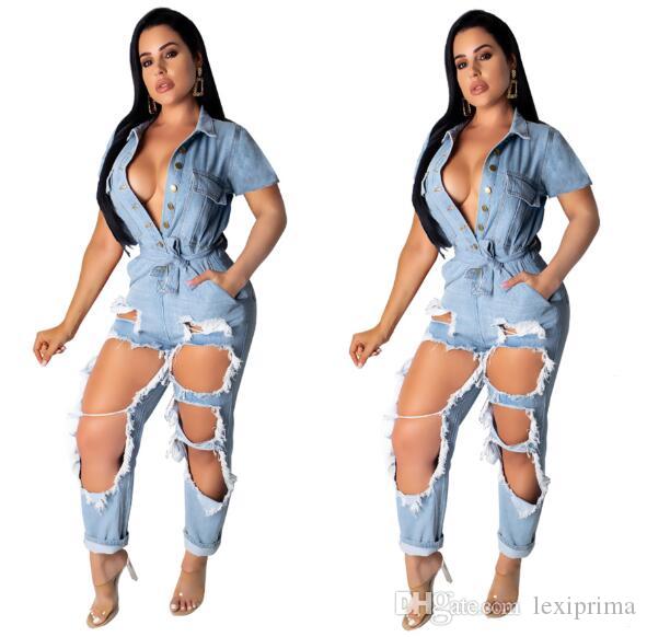 

Summer Holes Jeans Jumpsuit Women Buttons V Neck Turn Down Collar Short Sleeve Denim Pants Romper Casual Overalls, Blue