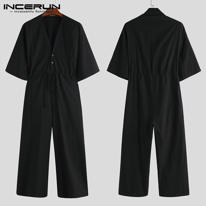 

Fashion Men Jumpsuit Solid V Neck Chic Loose Casual Romper Half Sleeve Pants High Street Men Wide Leg Overalls INCERUN Plus Size, Black