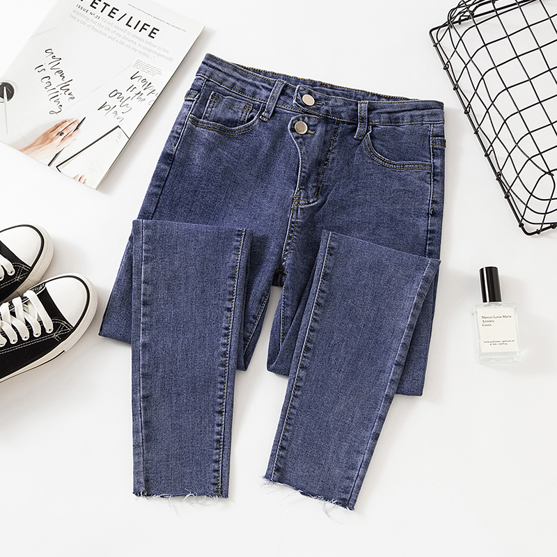 

2020 New Skinny Jeans Woman High Waist Elastic Blue Gray Double Button Denim Pencil Pants Woman Korean Fashion Jeans Female, As pic