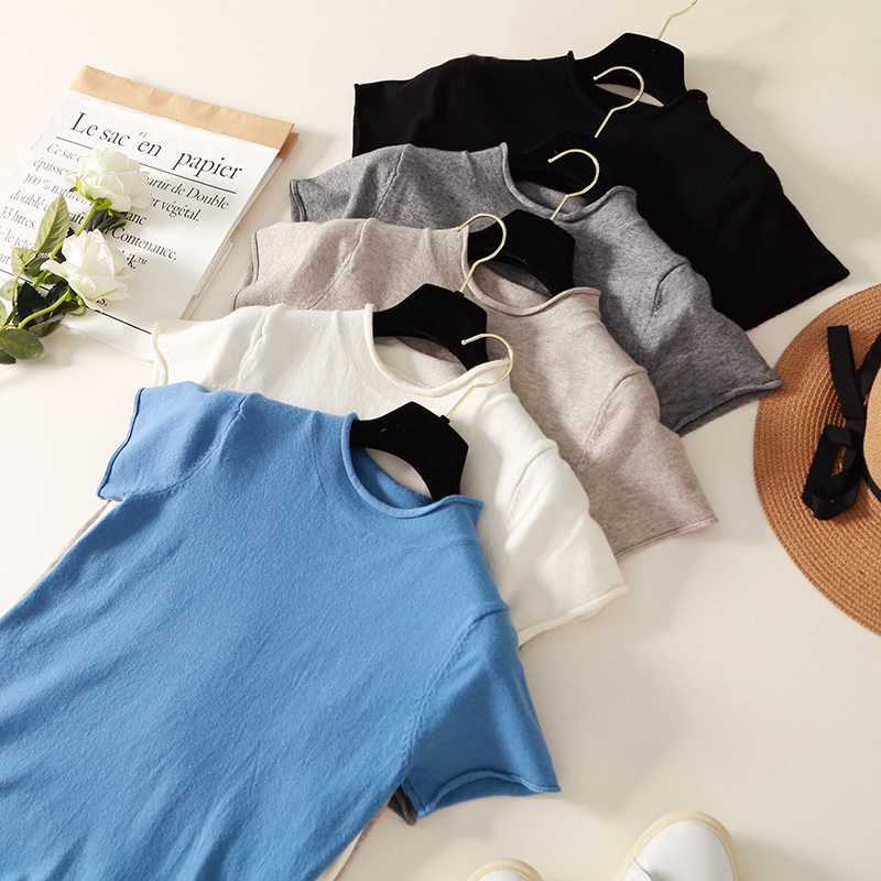 

Breif Half turtleneck Solid sweater women short sleeve Pullover thin knitted sweaters 2019 autumn new arrival slim basic tops, Black