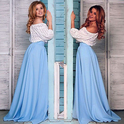 

Summer Women High Waist Pleated Zipper Sundress Beach Light blue Party Maxi Long Skirt, Sky blue