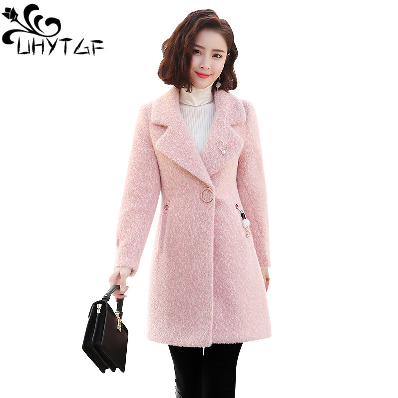 

UHYTGF Water velvet Women Coat wool outerwear Plus size warm woolen blends female elegant Thicken winter woolen coat Women X688, Beige