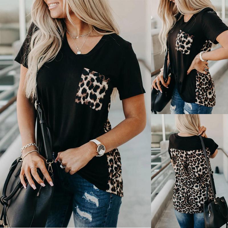 Fashion Leopard Print Tops Short Sleeved V Neck Casual Panelled Tees with Pocket Womens Designer Tshirts