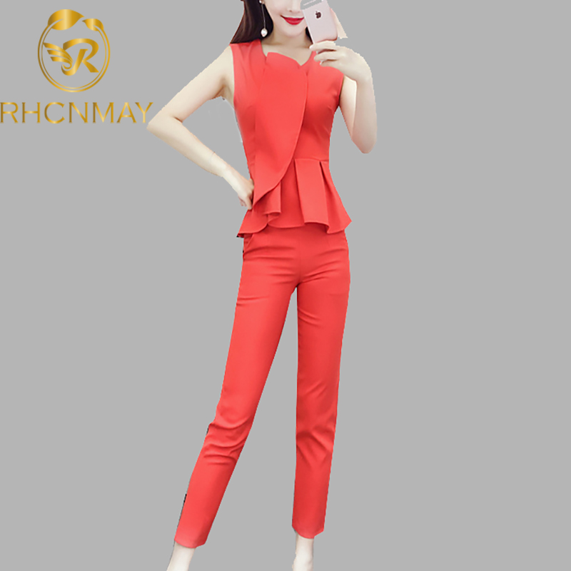 

New 2 Piece Set Women Suit 2020 Summer Office Lady Sleeveless O-Neck Ruffles Blouse Shirt Tops + Ankle length Pants Set, Red