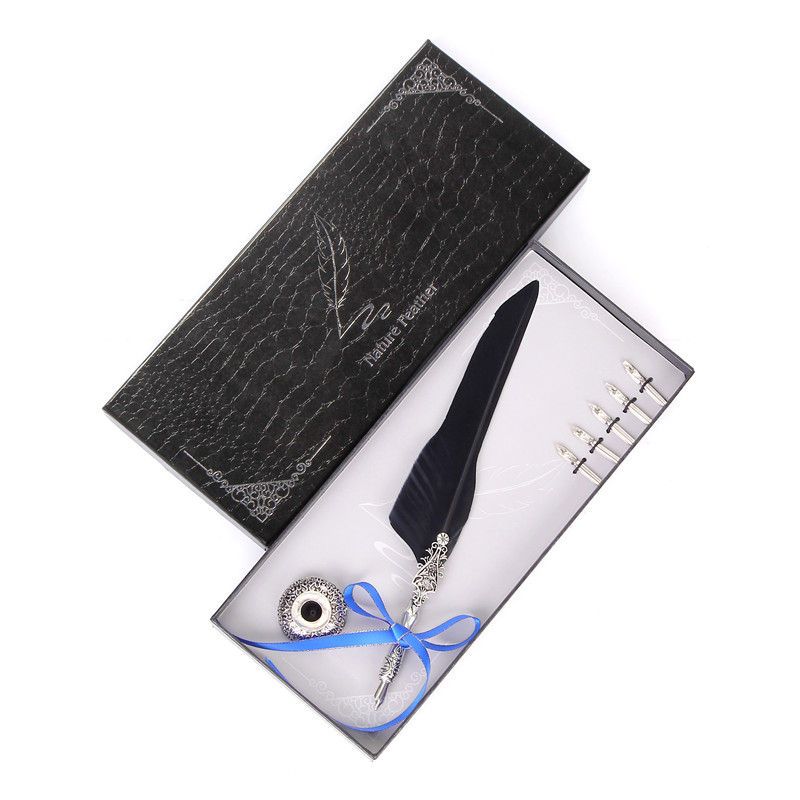 

European Color Long Feather Pen Long Birthday Gift Box Retro Writing Metal Pen Student Teacher Stationery Set Gift Box Packaging, Red