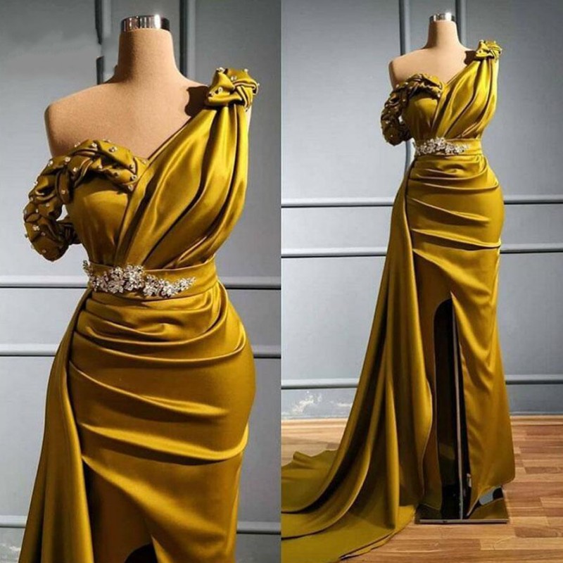 

Olive Yellow One Shoulder Mermaid Prom Dresses Sexy Crtstal Beaded Arabic Evening Gowns Plus Size High Split Formal Party Bridesmaid Dress, Ivory