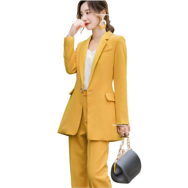 

Fashion Women Girl Casual Yellow Pant Suit 2020 New Fall Autumn Winter Spring 2 Piece Set One Button Long Blazer Jacket and Pant, Yellow 2 piece set