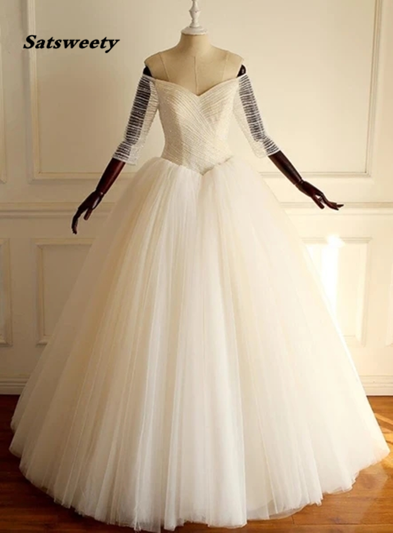 

Off Shoulder 3/4 Long Sleeve Tulle Bridal Gowns Beaded A-line Lace Custom Wedding Dresses, Purple