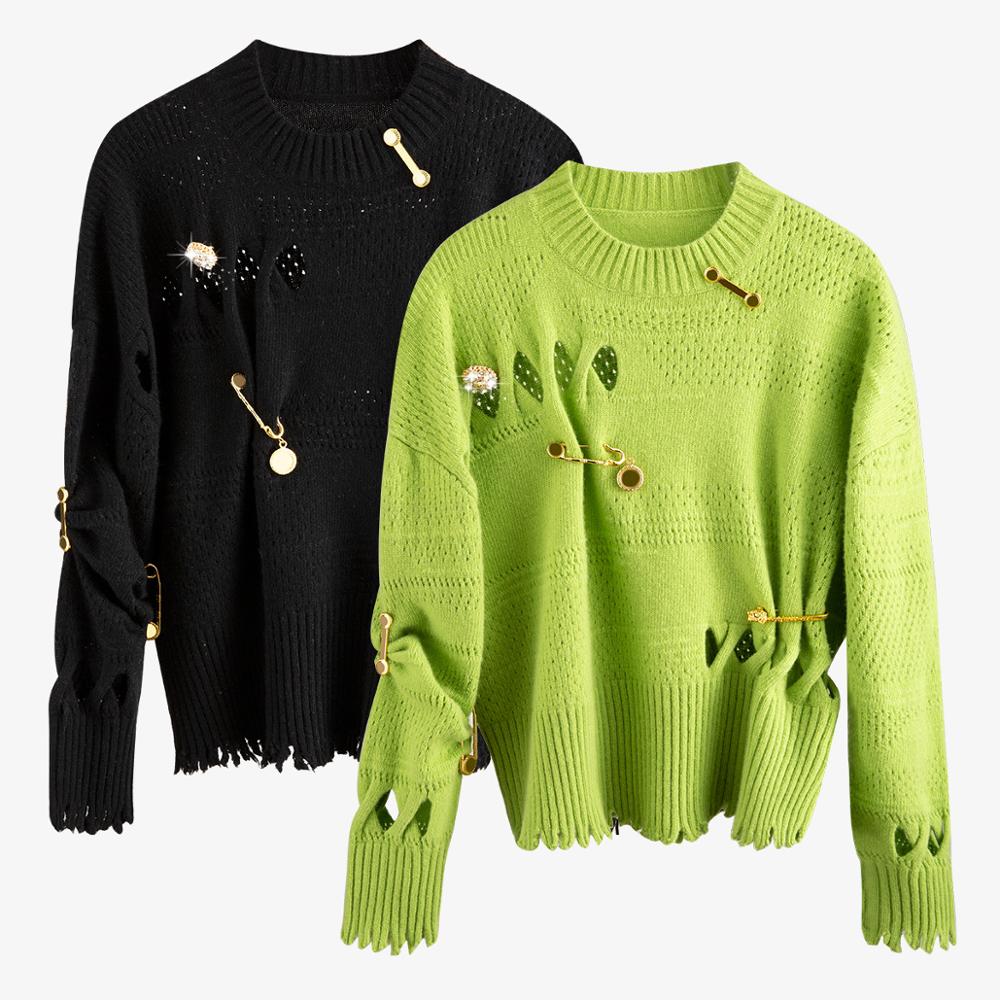

European Runway Designer Metal Rivets Loose Casual Pullover Femme 2020 Autumn Winter O-neck Long Sleeve Knitted Sweater Women, As pic