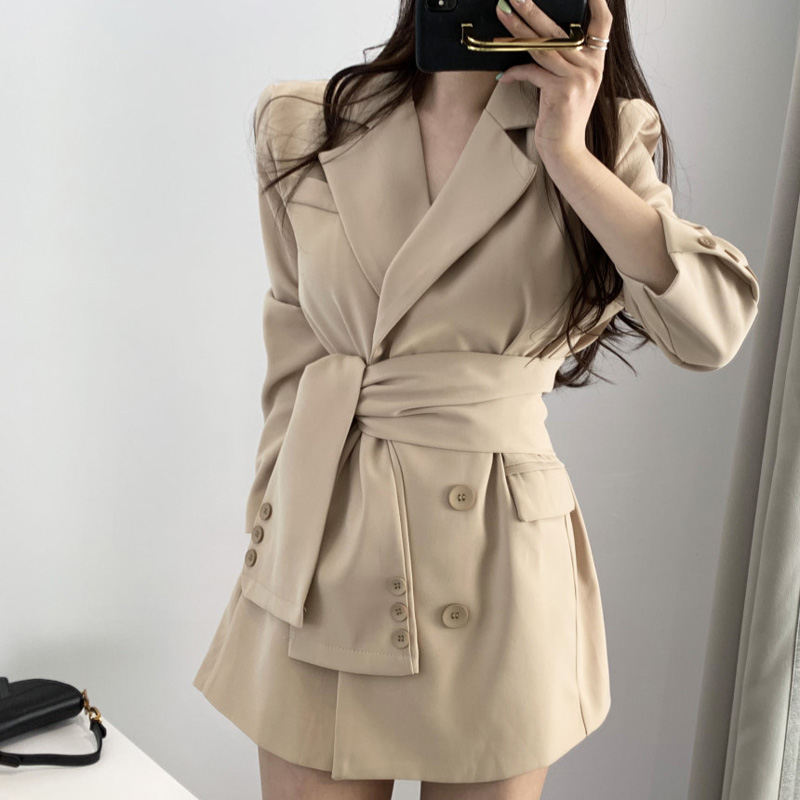 

Elegant Sash Belt Women Blazer Dress Autumn Notch-neck Office Ladies Blazer Dress Streetwear Long Jackets Female Short Vestidos, Black