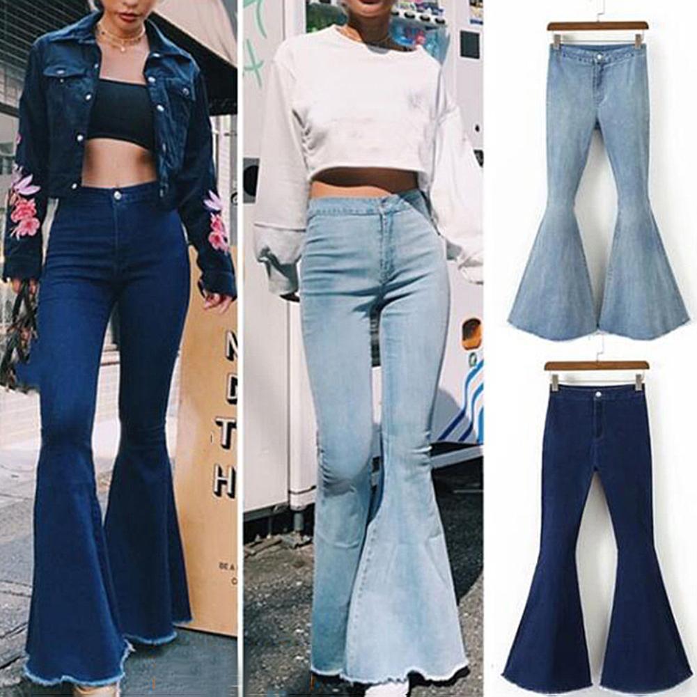 

Fashion Women Solid Color Sexy High Waist Slim Bell-bottoms Denim Pants Trousers High Waist Denim Pants Jeans Trousers, Dark blue