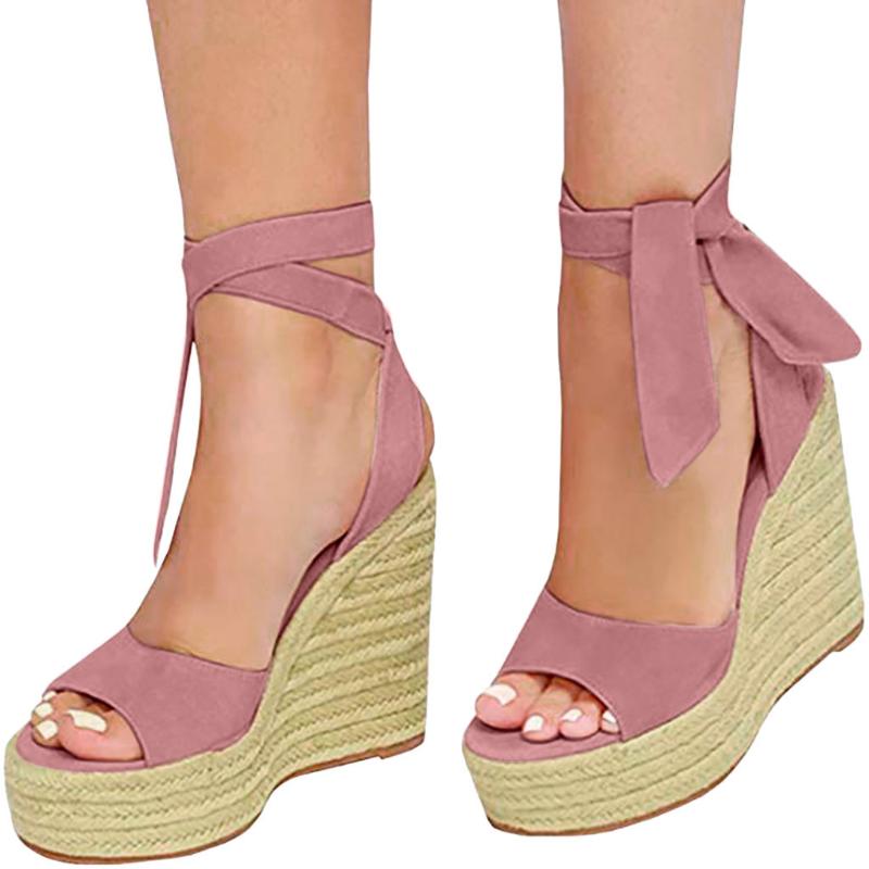 

Wedges Shoes For Womens Fashion Open Toe Wedges Thick Bottom Lace-Up Beach Shoes Roman Sandals High Heels Zapatos De Mujer, Beige