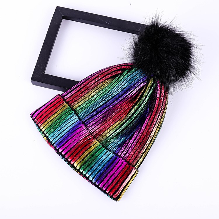 

Men and women warm gold and silver shiny autumn and winter sales of colorful fur ball knit hats