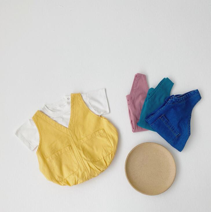 

2020 Korea Style Baby Girls 2pcs Set T-Shirt+Denim Romper Summer Kids Girls Suits 0-2 Years, Pic