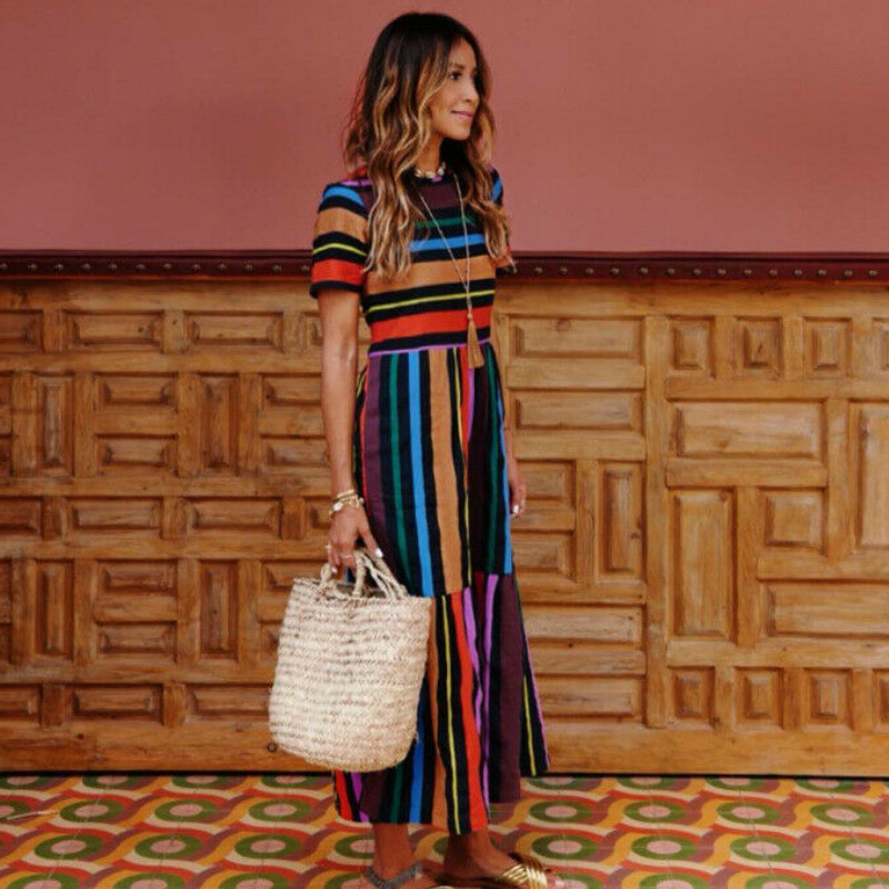 

summer Women Boho Striped Print Dresses Short Sleeve Long Maxi Dress Beach clothes vestidos, Multi