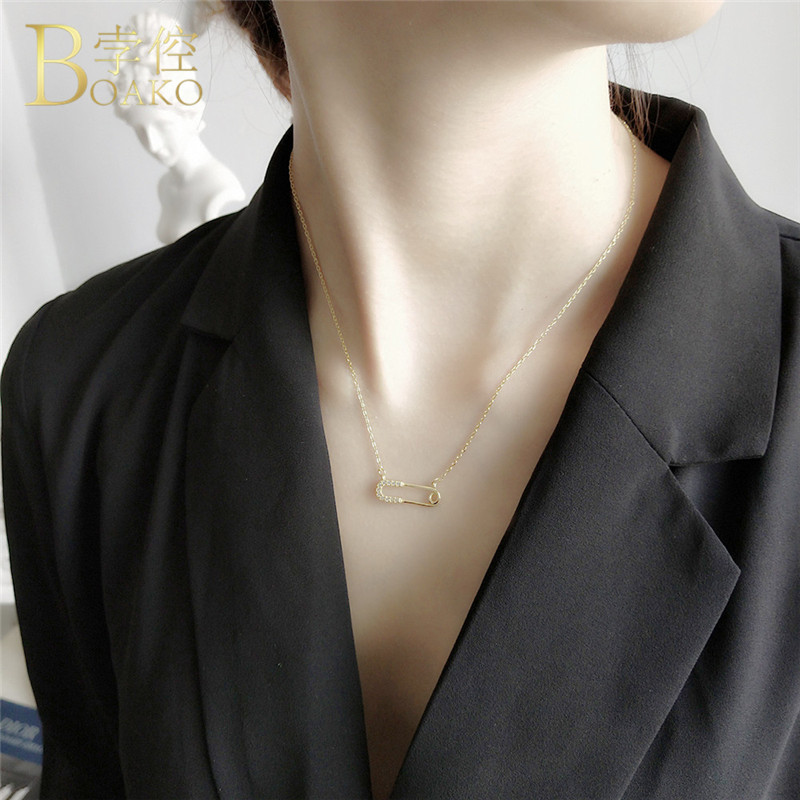

100% 925 Sterling Silver Pendant Necklaces For Women Men Mosaic Zircon Pin Gold Long Chain Fashion Necklace Jewelry R5